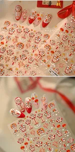 Detail of 5D embossed Chinese New Year nail stickers with cartoon lion and lantern designs