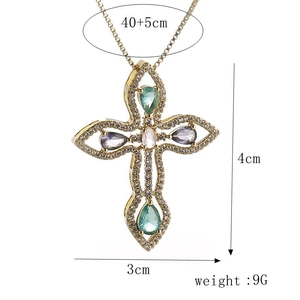 Cross pendant necklace with colorful zircons and golden base, size 4x3cm, 9g weight