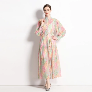 Ethnic retro floral maxi dress with stand collar and puff sleeves including tassel belt