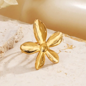 Bague fleur en or 18K polie sur pierre beige, bijou hip-hop minimaliste de style épais