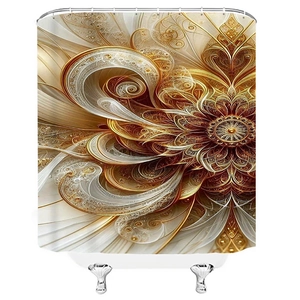 Detail of luxury shower curtain with gold floral fractal art and silver hanging rings