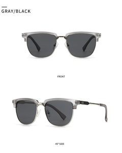 Front and 45-degree side view of vintage square sunglasses with gray frames and black lenses