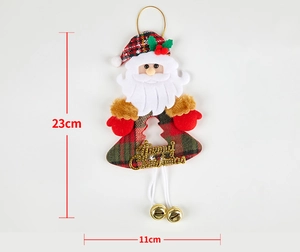 Plush Santa Claus ornament with plaid clothes, bells, and Merry Christmas sign, size 23x11cm