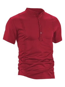 Detail of burgundy Henley shirt with vertical woven textures and three-button neckline