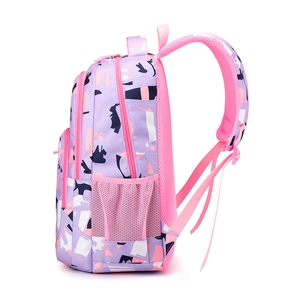 Ergonomic purple and pink geometric school backpack for girls with mesh side pockets