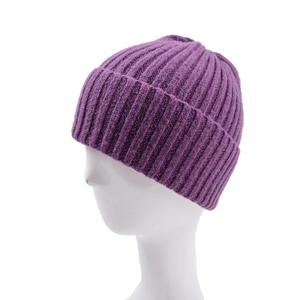 Detailed close-up of purple ribbed knit beanie with a wide folded cuff on a white model head