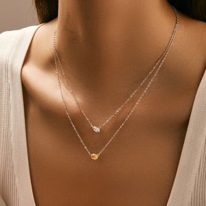 Double layered S925 sterling silver geometric necklace with sparkling square crystals