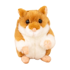 Standing cartoon plush hamster doll in brown and white with soft fur and cute dark eyes