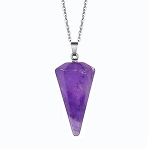 Amethyst hexagonal prism crystal pendant necklace with silver link chain in macro view