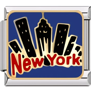 Close-up of golden New York charm with blue enamel and melting skyscraper design