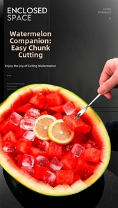 Macro view of stainless steel watermelon slicer creating neat fruit cubes in a bowl