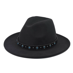 Detail of black wool fedora featuring blue turquoise beads and silver metal studs decoration