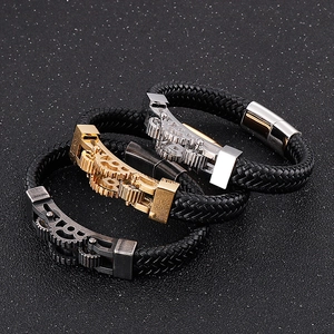 Men's punk braided leather bracelet with mechanical gears in gold, silver, and antique finish