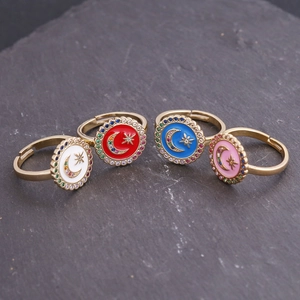 Star and moon copper rings with colorful enamel and micro-pave cubic zirconia crystals