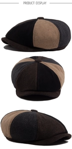Three-angle product display of a patchwork wool newsboy cap in brown and grey tones