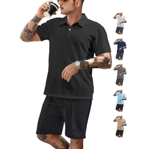 Men's waffle knit polo shirt and shorts set in multiple colors with elastic drawstring waist