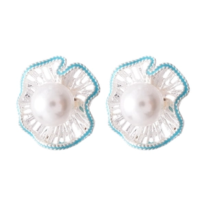 Silver flower stud earrings with light blue enamel petals and center pearl detail