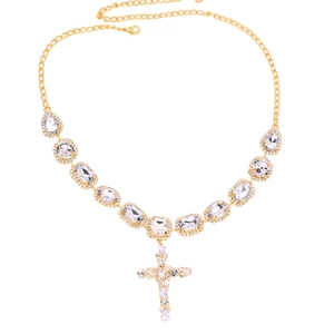 Elegant gold-tone cross necklace with clear rectangular and teardrop crystals for women