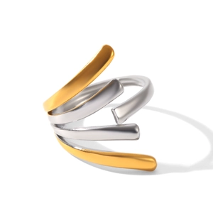 Detail view of a multi-layer gold and silver two-tone wrap ring with a polished finish