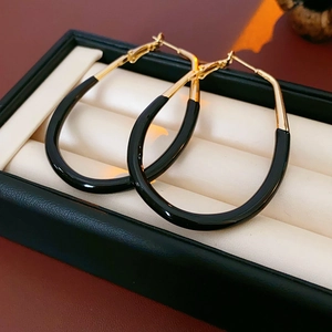 Macro shot of black enamel U-shaped earrings in a black gift box with gold needle detail