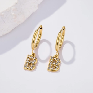 Elegant gold stainless steel letter B earring with sparkling pave-set zircon stones