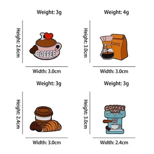 Set of four coffee themed enamel pins including coffee cups, beans and a machine