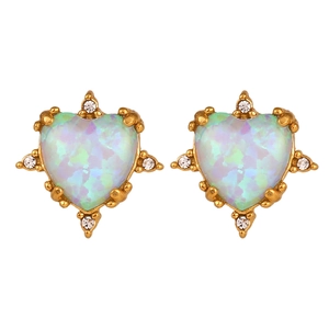 Gold plated stainless steel heart opal earrings set with tiny white zircons on white background