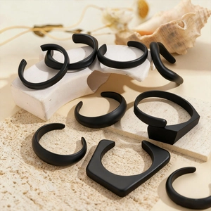 Matte black geometric acrylic open bracelet and ring set with minimalist design