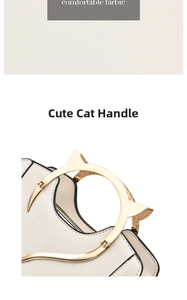 Detail of cat-ear metal handle on creamy white handbag with crocodile texture accents