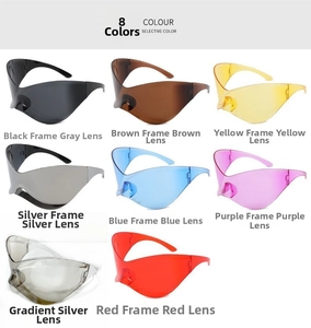 Eight colors of Y2K style wraparound shield sunglasses with one-piece lens design
