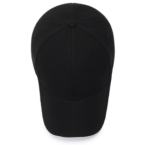 Minimalist black cotton baseball cap with six-panel structure shown in top-down view