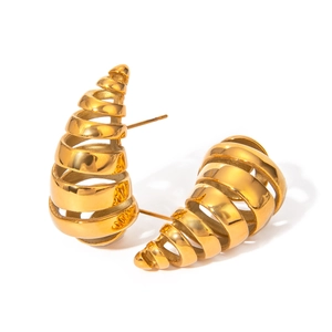 Polished 18K gold-plated stainless steel teardrop hoop earrings in a spiral hollow design