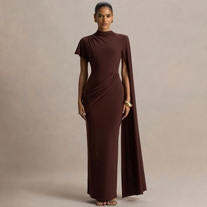 Elegant brown floor-length evening dress with one-shoulder cape sleeve and draped design