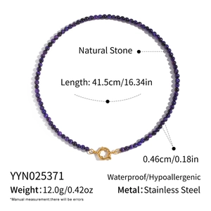 Technical specs of purple natural stone necklace with stainless steel clasp and dimensions