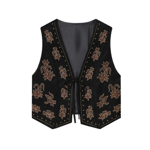 Gilet rétro noir en velours brodé de fleurs avec col en V et laçage frontal