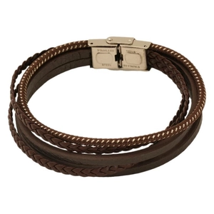 Men's multilayer dark brown braided leather bracelet with stainless steel magnetic clasp
