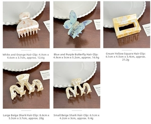 Detailed size and weight dimensions for various acetate claw clips on a wooden surface