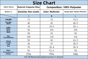 Detailed size guide and measurements for women plaid wool blazer in centimeters