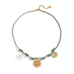 Detail of woven rope necklace with gold sun, starfish and shell pearl coin charms