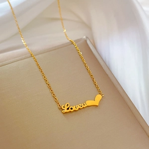 Minimalist gold titanium steel necklace featuring a cursive Loveu heart pendant for women