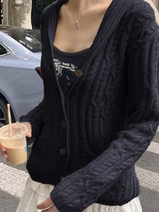 Women's deep blue V-neck cable knit button cardigan sweater for casual autumn fashion style