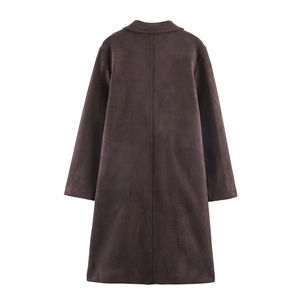 Flat lay back view of a dark brown suede long coat featuring professional seam tailoring