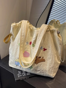 Large Capacity Canvas Tote Bag Women Cartoon Animal Patch Embroidery Drawstring Casual All-match Shoulder Handbag