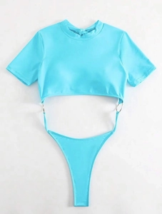 Detail of cyan short sleeve bikini top connected by metal rings to high cut thong bottoms