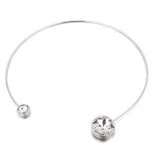 Polished silver stainless steel open choker necklace with two asymmetric cubic zirconia stones