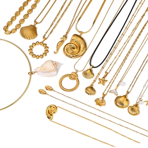 Golden stainless steel ocean theme necklaces with shell, starfish and pearl pendants