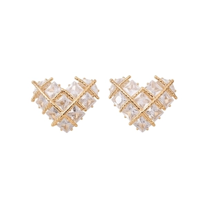 18k gold plated heart earrings featuring a woven metal grid and clear zircon stones
