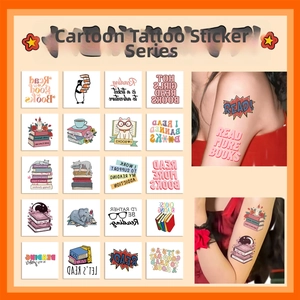 Detailed view of waterproof cartoon animal reading tattoos on paper and applied to skin