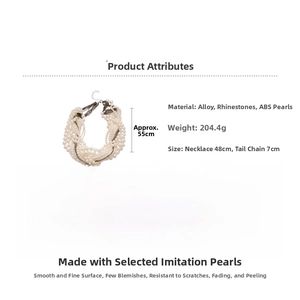 Detail of multilayer pearl necklace with dimensions and weight specs on white background