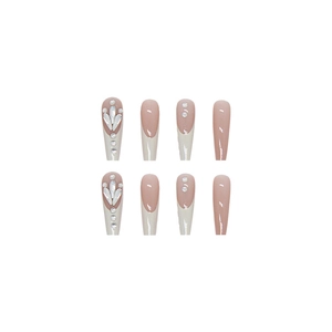 Long ballerina press on nails in nude pink with white French tips and crystal rhinestones